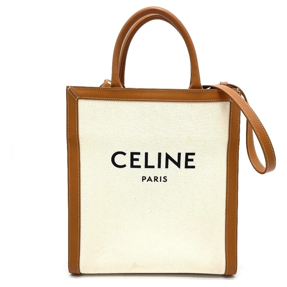 Celine Small Vertical Cabas Tote Bag Canvas Leather Crossbody w/ Strap